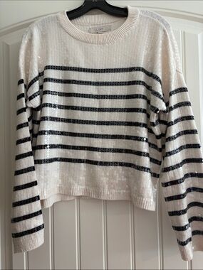 LOFT Cream & Black Striped Sequin Crewneck Sweater